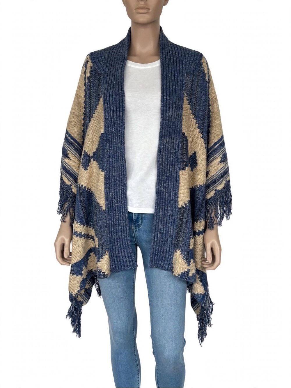 Lauren Ralph Lauren XS Blue Beige Aztec Fringe Poncho Open Front Kimono Boho